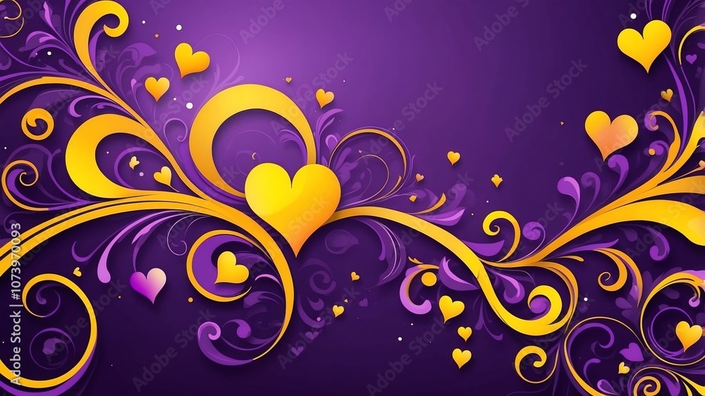 Cute purple and yellow swirls with hearts background Cute purple and yellow swirls with hearts background