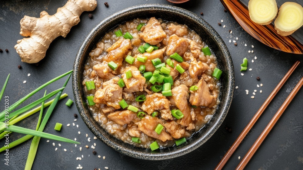 Rustic Bowl of Chinese Chicken Congee Garnished with Herbs Rustic Bowl of Chinese Chicken Congee Garnished with Herbs