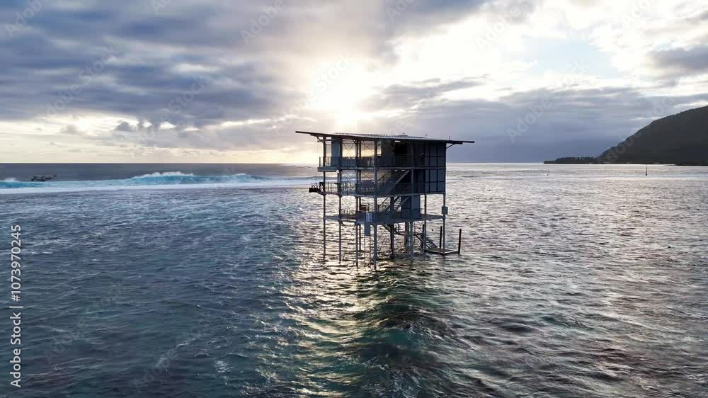 Drone Tahiti 4k. Tower for surf contest. Teahupoo famous surfing action sports destination in French Polynesia. Drone Tahiti 4k. Tower for surf contest. Teahupoo famous surfing action sports destination in French Polynesia.