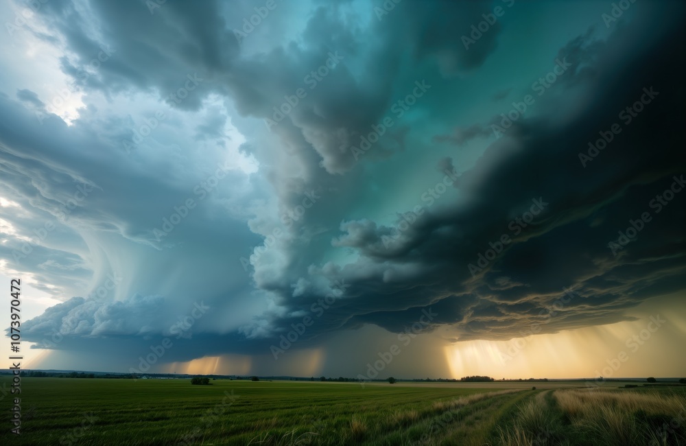 Dark storm clouds form dramatic sky above green field. Rain falls. Sun shines through storm. Nature, weather, climate, environment. Dramatic sky, thunderstorm, storm clouds, rain, sunshine. Nature Dark storm clouds form dramatic sky above green field. Rain falls. Sun shines through storm. Nature, weather, climate, environment. Dramatic sky, thunderstorm, storm clouds, rain, sunshine. Nature