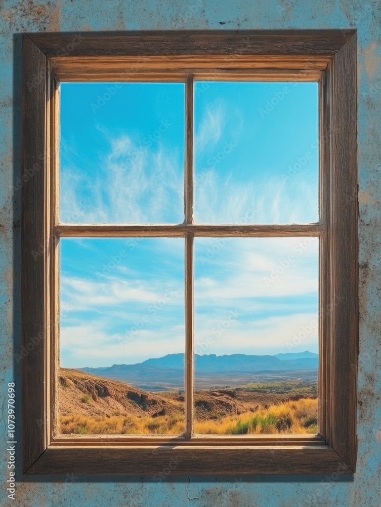 Fototapeta premium The window reflects a peaceful natural landscape with mountains, under a bright blue sky and fluffy clouds, inviting tranquility. Generative AI
