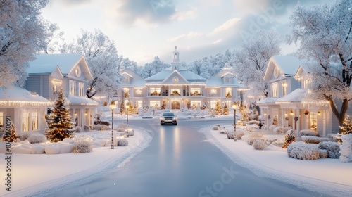 Fototapeta Naklejka Na Ścianę i Meble -  Cozy winter wonderland in a snowy Christmas town with twinkling lights and festive decorations