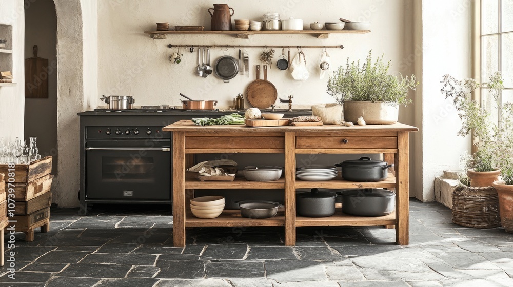 Rustic Kitchen with Stone Floors and Wooden Island Rustic Kitchen with Stone Floors and Wooden Island