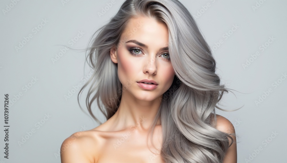 Fototapeta premium A sophisticated portrait of a woman with flowing silvery hair and subtle makeup, exuding confidence and elegance. Her bare shoulders and enigmatic gaze enhance the beauty and fashion concept.