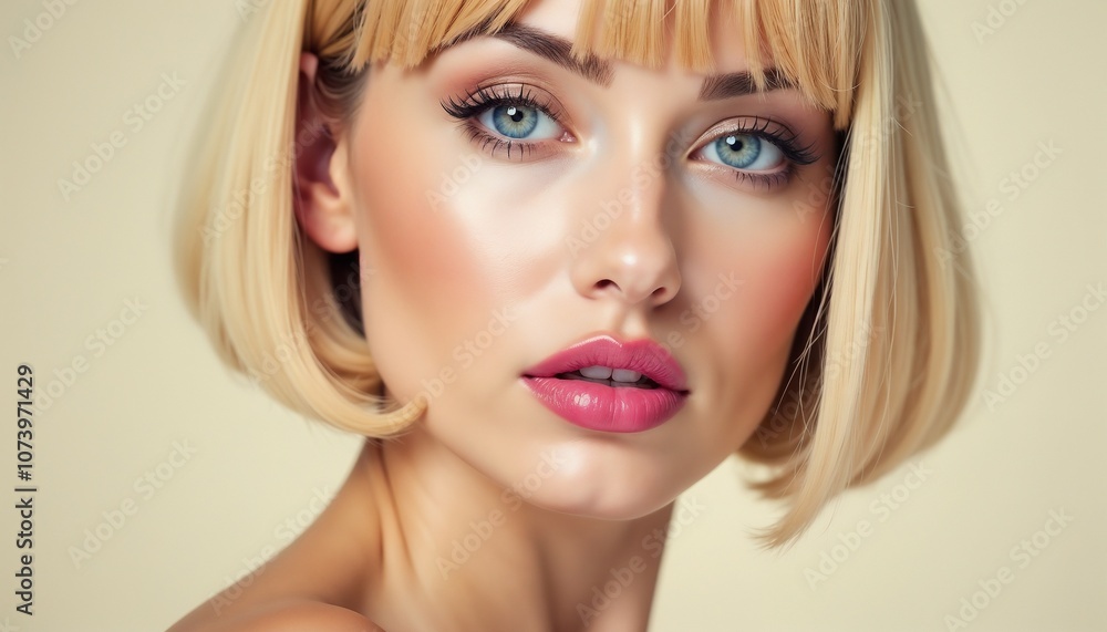 Close-up portrait of a woman featuring a stylish blonde bob haircut and striking blue eyes, radiating elegance and beauty with soft lighting and a neutral background. Close-up portrait of a woman featuring a stylish blonde bob haircut and striking blue eyes, radiating elegance and beauty with soft lighting and a neutral background.
