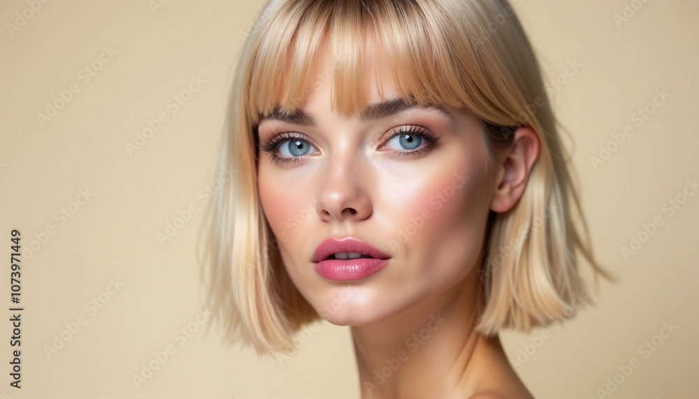 Close-up portrait of a woman featuring a stylish blonde bob haircut and striking blue eyes, radiating elegance and beauty with soft lighting and a neutral background. Close-up portrait of a woman featuring a stylish blonde bob haircut and striking blue eyes, radiating elegance and beauty with soft lighting and a neutral background.