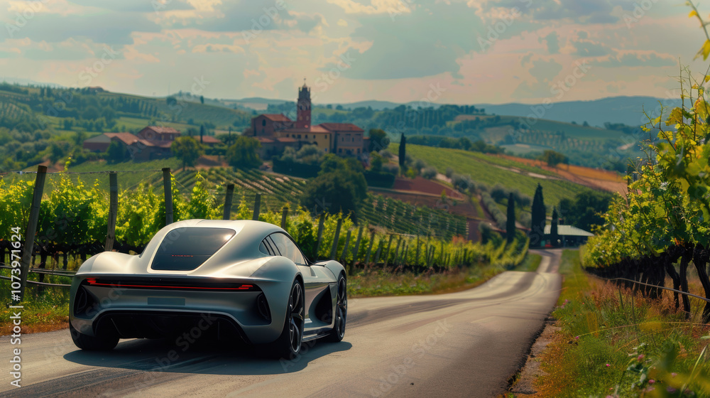 Fototapeta premium Luxury Electric Sports Car on Scenic European Road Amidst Picturesque Vineyards
