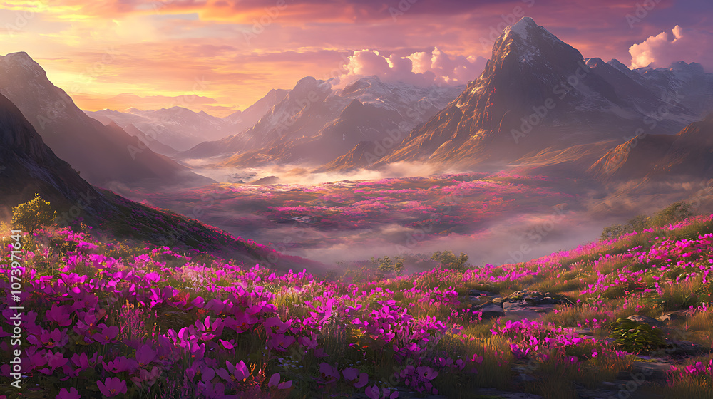 A panoramic view of the misty mountains at sunrise, with vibrant pink and purple wildflowers in full bloom below A panoramic view of the misty mountains at sunrise, with vibrant pink and purple wildflowers in full bloom below