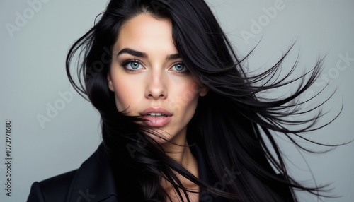 A striking portrait of a woman with long, flowing dark hair, gazing confidently at the camera. The image conveys elegance, confidence, and beauty against a neutral background.