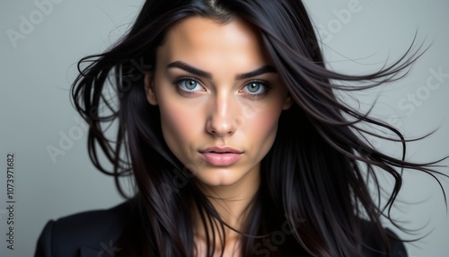 A striking portrait of a woman with long, flowing dark hair, gazing confidently at the camera. The image conveys elegance, confidence, and beauty against a neutral background.