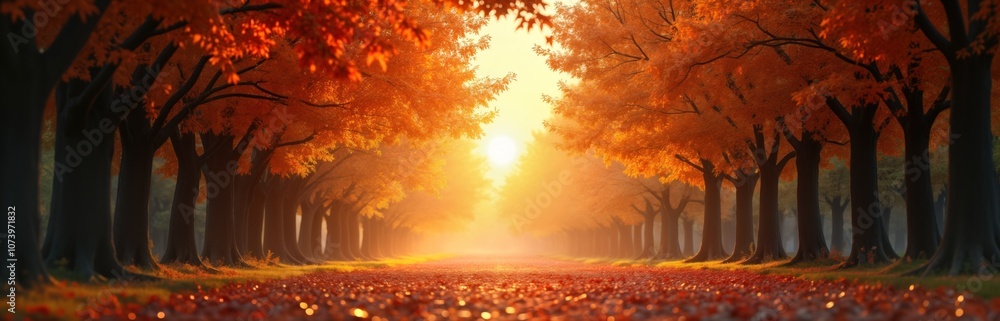 Autumnal day, trees in forest with orange foliage. Sun rays through foliage, mist, meadow. Fall season landscape, nature scene, travel photo, october, november. Autumnal day, trees in forest with orange foliage. Sun rays through foliage, mist, meadow. Fall season landscape, nature scene, travel photo, october, november.