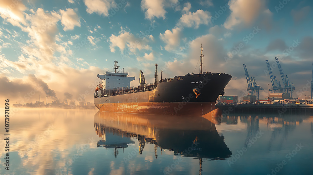 A panoramic view of an international cargo ship at an industrial port, transporting goods globally and highlighting the logistic business A panoramic view of an international cargo ship at an industrial port, transporting goods globally and highlighting the logistic business