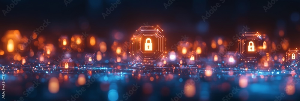 Obraz premium A colorful image of a computer network with a blue lock on a cube