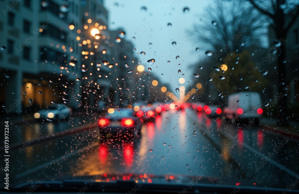 Rain drops on car window. View from inside the car. Raining on street, blurry urban background. Night city lights. Cityscape. Transportation, traffic, rainy day weather. Rain drops on car window. View from inside the car. Raining on street, blurry urban background. Night city lights. Cityscape. Transportation, traffic, rainy day weather.