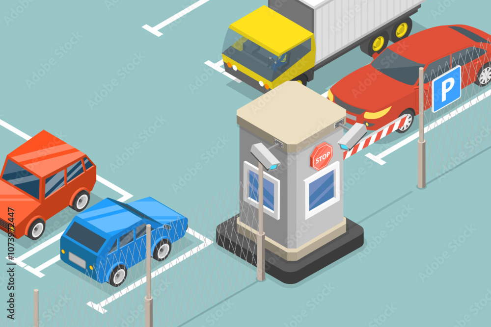 3D Isometric Flat Vector Illustration of Paid Guarded Parking, Parking Zone with Payment System 3D Isometric Flat Vector Illustration of Paid Guarded Parking, Parking Zone with Payment System