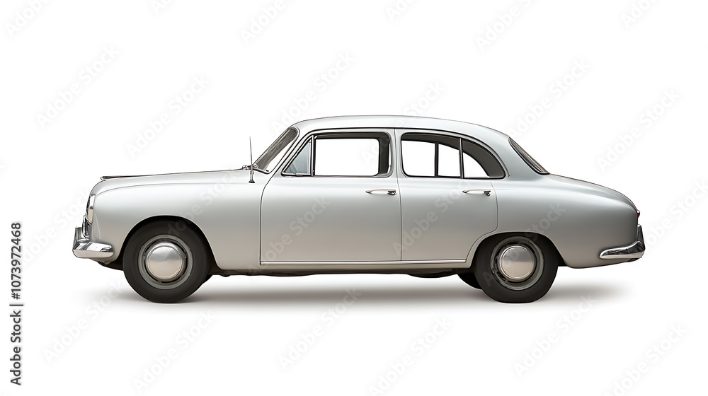 A silver car, side view on white background with copy space A silver car, side view on white background with copy space
