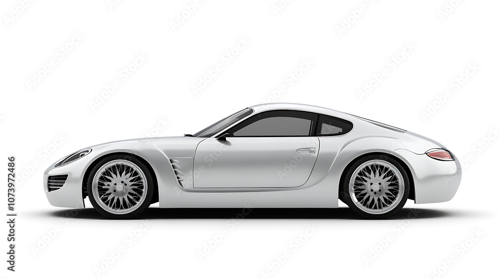 A silver car, side view on white background with copy space A silver car, side view on white background with copy space