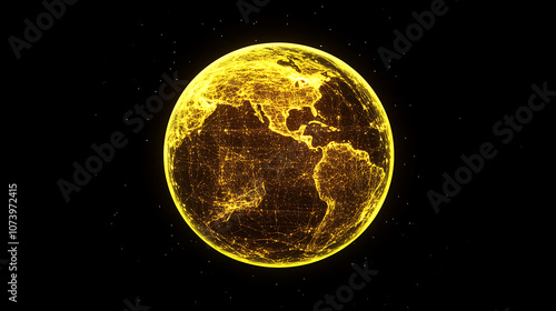 Fototapeta Naklejka Na Ścianę i Meble -  A yellow planet Earth made of lines and dots on a black background, data visualization glowing light effects