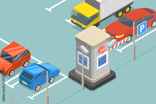 3D Isometric Flat Vector Illustration of Paid Guarded Parking, Parking Zone with Payment System