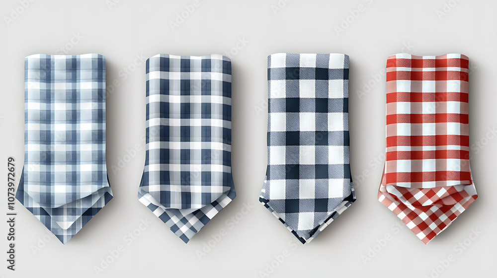 A vector realistic set of 3D fabric tablecloths, including folded napkins, kitchen towels, and tablecloths, viewed from the top and at an angle, featuring gingham, plaid, striped, and tartan patterns A vector realistic set of 3D fabric tablecloths, including folded napkins, kitchen towels, and tablecloths, viewed from the top and at an angle, featuring gingham, plaid, striped, and tartan patterns