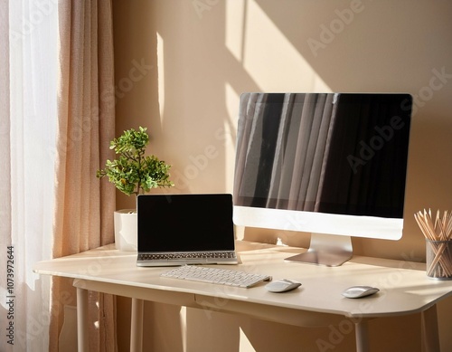 Wallpaper Mural desktop of modern white stand up desk with computer keyboard mouse and laptop in sunlight from sheer curtain window on beige wall for home office working technology lifestyle product background 3d Torontodigital.ca