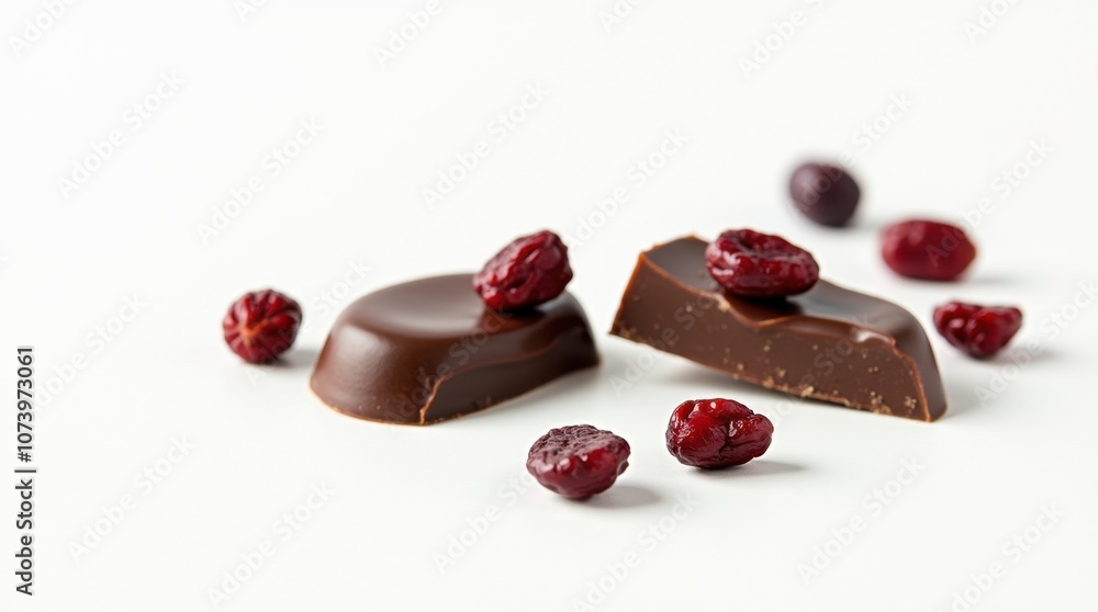 Dark Chocolate with Dried Fruits and Nuts on White Background Dark Chocolate with Dried Fruits and Nuts on White Background