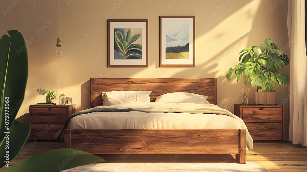 Modern bedroom with rustic wooden furniture. a cozy modern bedroom featuring a rustic wooden bed, nightstands, minimalist decor, and framed nature art. Rustic. Illustration Modern bedroom with rustic wooden furniture. a cozy modern bedroom featuring a rustic wooden bed, nightstands, minimalist decor, and framed nature art. Rustic. Illustration