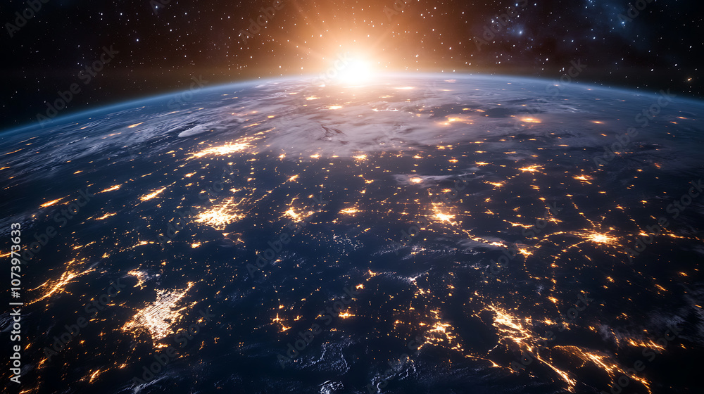 Aerial view of Earth at the center, surrounded by city lights and roads, symbolizing global business and connectivity overhead perspective of traffic patterns on these roadways Aerial view of Earth at the center, surrounded by city lights and roads, symbolizing global business and connectivity overhead perspective of traffic patterns on these roadways