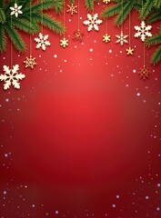 Red background with fir tree branch, hanging snowflakes. Design with xmas theme. Winter holidays graphic, season greetings. Decoration, card, wallpaper. Christmas tree, winter season decor.