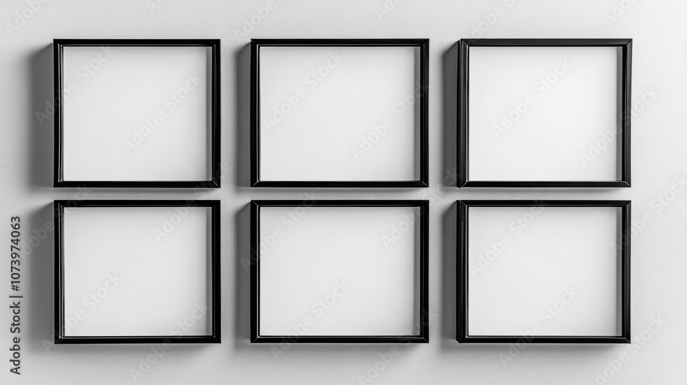 Empty black frames arranged in two rows of three on a white wall, ready for artwork or photographs, ideal for customization and decoration Empty black frames arranged in two rows of three on a white wall, ready for artwork or photographs, ideal for customization and decoration