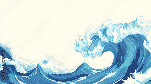 Blue wave background, simple flat design with white space on the right side, white and blue color scheme