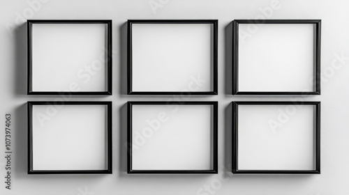 Empty black frames arranged in two rows of three on a white wall, ready for artwork or photographs, ideal for customization and decoration