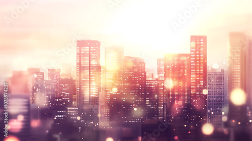 Blurred cityscape background with a bokeh effect A blurry urban landscape with skyscrapers and buildings