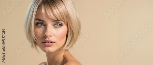 Close-up portrait of a woman featuring a stylish blonde bob haircut and striking blue eyes, radiating elegance and beauty with soft lighting and a neutral background.