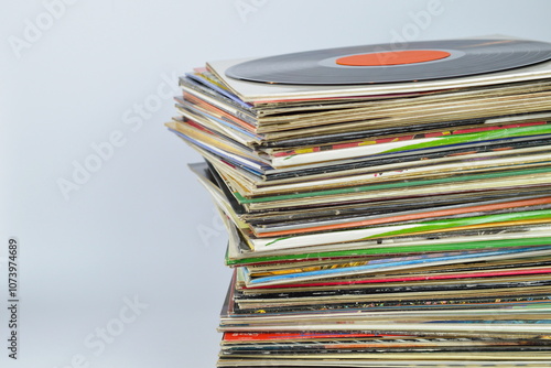 stack of old black vinyl records