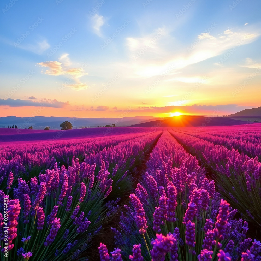 Naklejka premium Coucher de soleil sur un champ de lavande en Provence en France