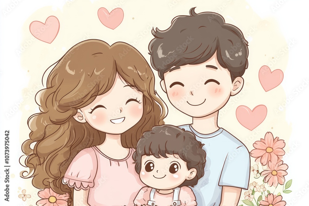 A cute cartoon illustration of A happy family consisting of mom, dad and two children A cute cartoon illustration of A happy family consisting of mom, dad and two children