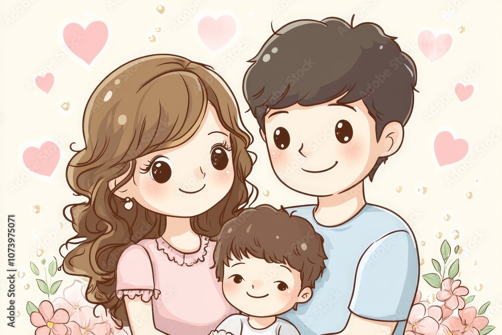 A cute cartoon illustration of A happy family consisting of mom, dad and two children A cute cartoon illustration of A happy family consisting of mom, dad and two children