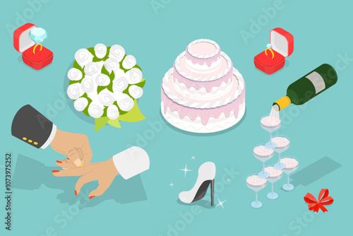 3D Isometric Flat Vector Set of Wedding Items, Collection Of Marriage Graphic Elements