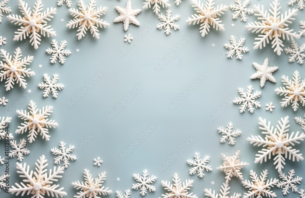 White snowflakes frame a pastel gray background. Minimalist winter decor with a modern festive theme. Christmas, New Year greeting card or social media post design element. White snowflakes frame a pastel gray background. Minimalist winter decor with a modern festive theme. Christmas, New Year greeting card or social media post design element.