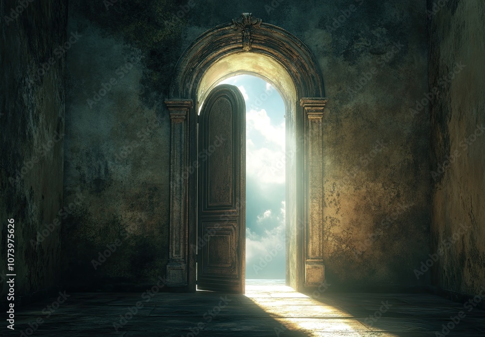 Obraz premium An open door leading to the sky, with light emanating from it and a dark background