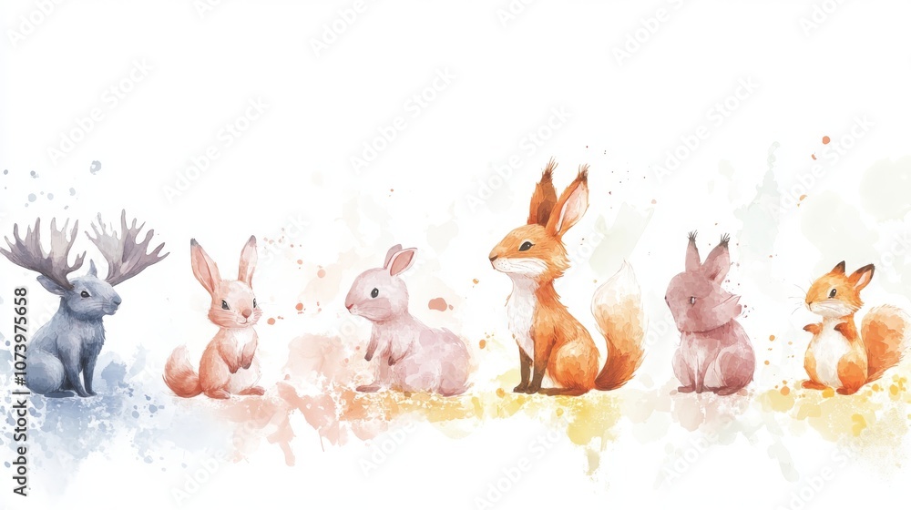 A series of watercolor animal illustrations, featuring a moose, rabbit, fox, squirrel, and pig, all in pastel colors on a white background. A series of watercolor animal illustrations, featuring a moose, rabbit, fox, squirrel, and pig, all in pastel colors on a white background.