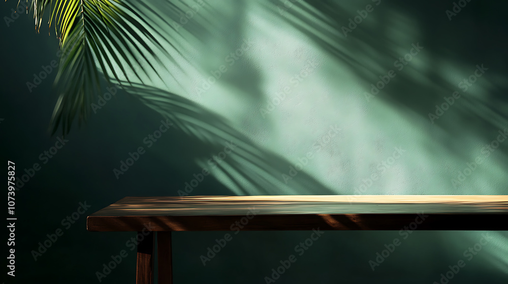 Minimal abstract background for a product presentation, a green palm shadow on the wall, an empty table with soft shadows Minimal abstract background for a product presentation, a green palm shadow on the wall, an empty table with soft shadows