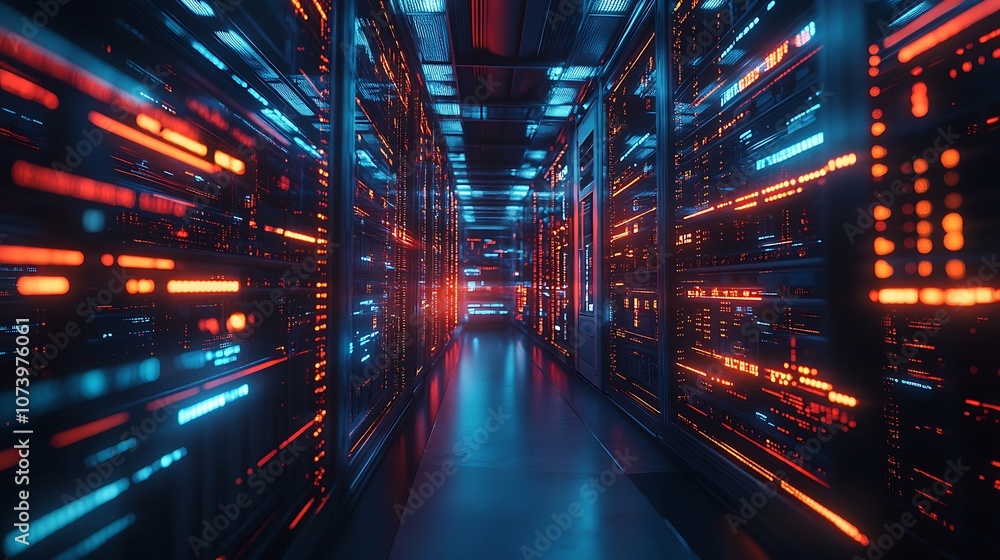 Futuristic Neon Lit Data Center with Bold Blue and Red Hues photo Futuristic Neon Lit Data Center with Bold Blue and Red Hues photo