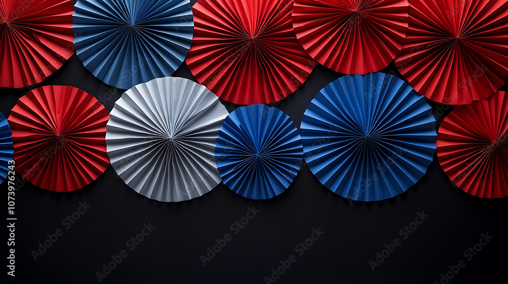 Red, White and Blue paper fans on a black background with copy space for a USA vacation celebration concept Red, White and Blue paper fans on a black background with copy space for a USA vacation celebration concept
