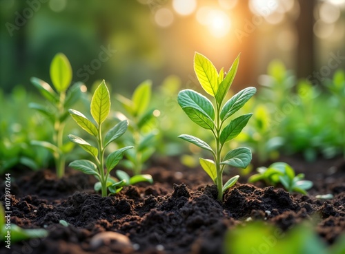 Green seedlings grow in rich soil, bathed in warm sunlight. New life thrives in garden, representing hope for sustainable future. Eco-friendly image evokes themes of growth, renewal, conservation. photo