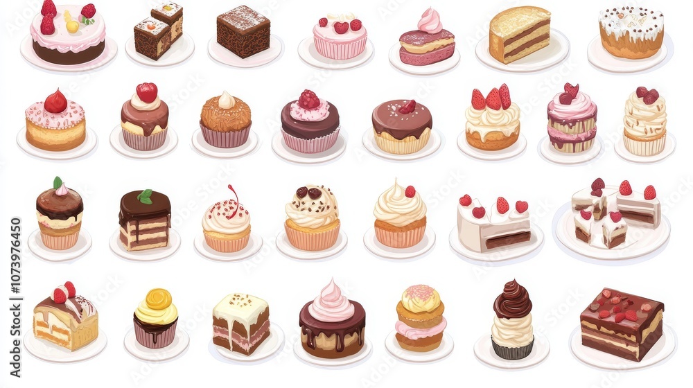 A large set of vector illustrations on a white background featuring cakes, cupcakes and chocolates for a cake shop or bakery in a cartoon style. A large set of vector illustrations on a white background featuring cakes, cupcakes and chocolates for a cake shop or bakery in a cartoon style.