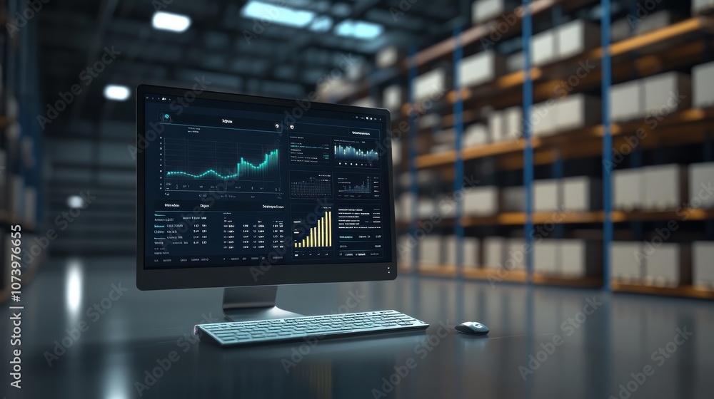 Computer with Data Dashboard in a Warehouse Computer with Data Dashboard in a Warehouse