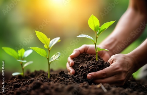 Wallpaper Mural Hands hold young sprout plant in soil. Green sapling in cupped hands. New generation of trees grow in garden. Eco planting for Earth Day. Sustainable agriculture. Torontodigital.ca