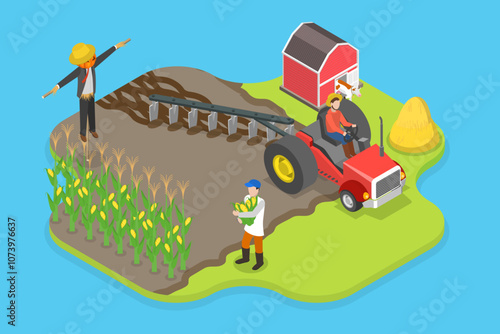 3D Isometric Flat Vector Illustration of Agricultural Workers, Farming And Crop Production